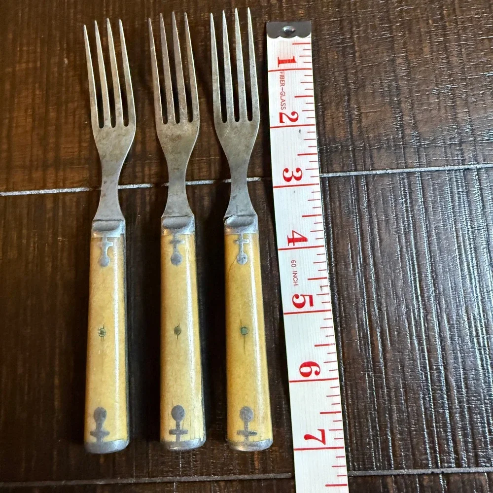 Antique Primitive Bone Handle Forks Set of 3 Pewter Inlay Rustic Flatware 7.25